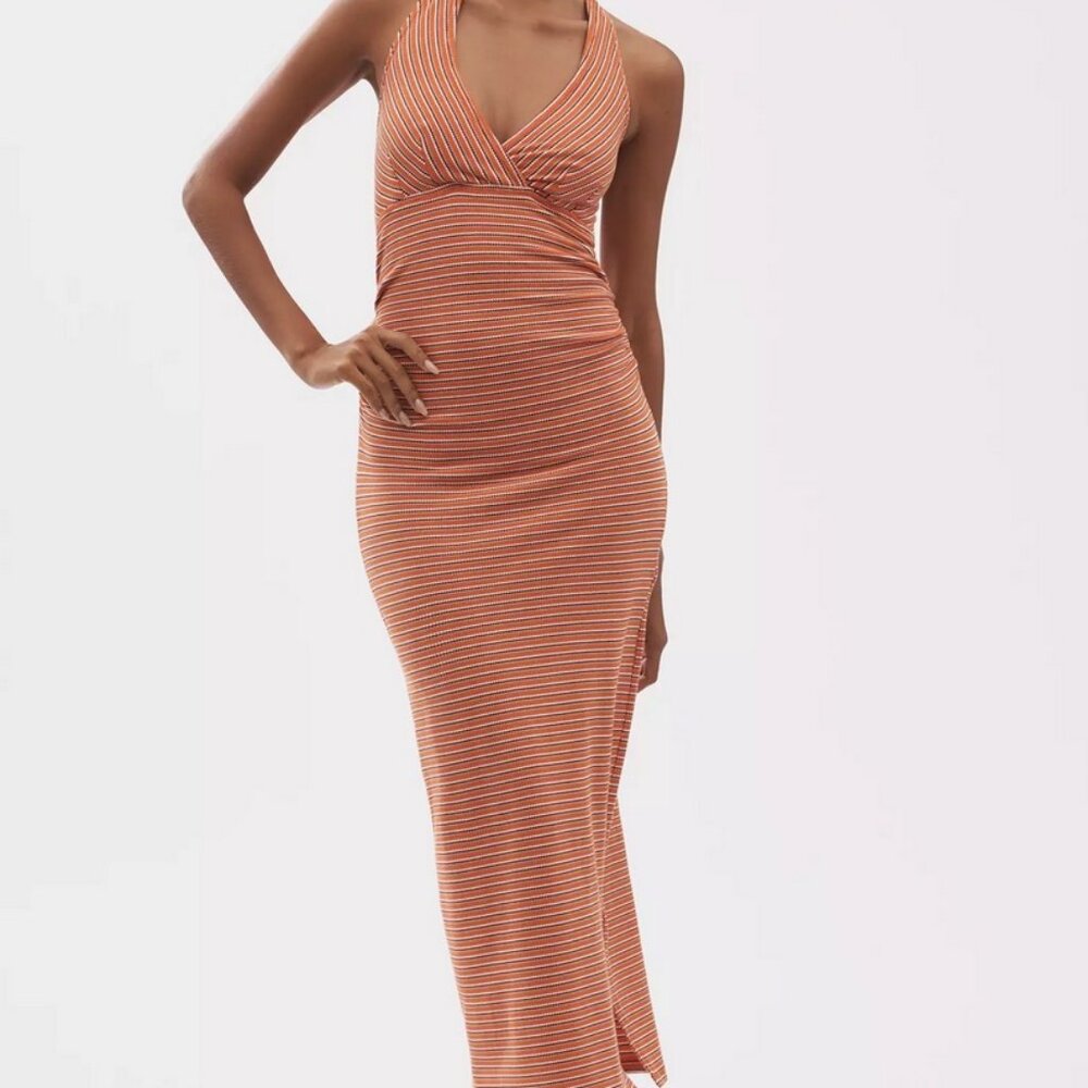 Anthropologie High Tide Halter Slim Midi Dress in Orange Stripe By Pilcro NWT